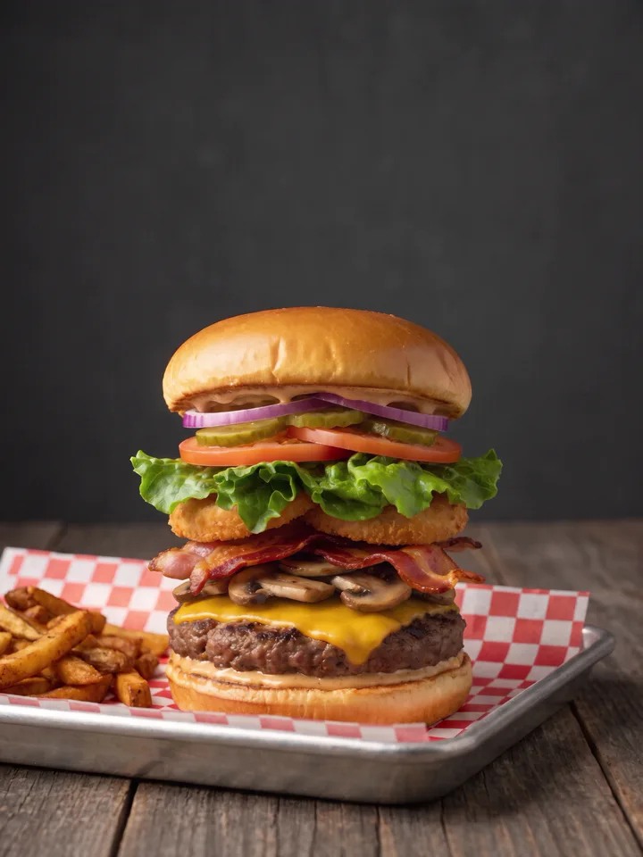 Recipe-inspired illustrated interpretation of the PFully Loaded burger with fries.