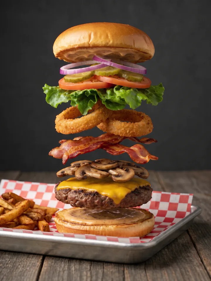 An exploded view showing the burger’s ingredient layers.