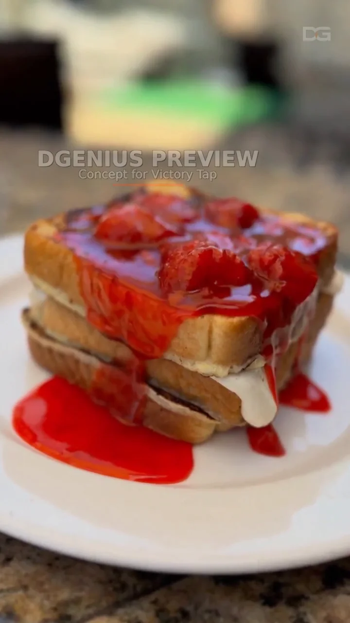 Generated view of Strawberry Cheesecake French Toast, a past brunch special: strawberry sauce poured over stuffed French toast on a white plate.