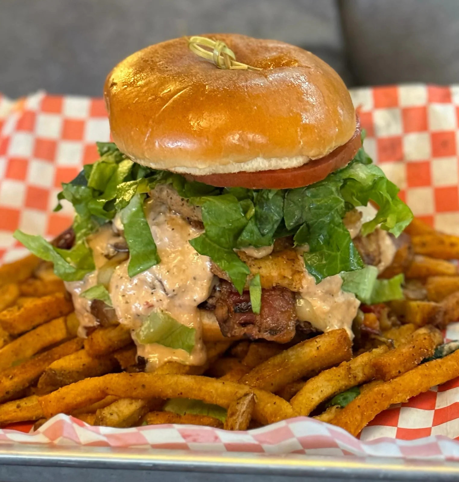 The Happy Camper burger, stacked tall