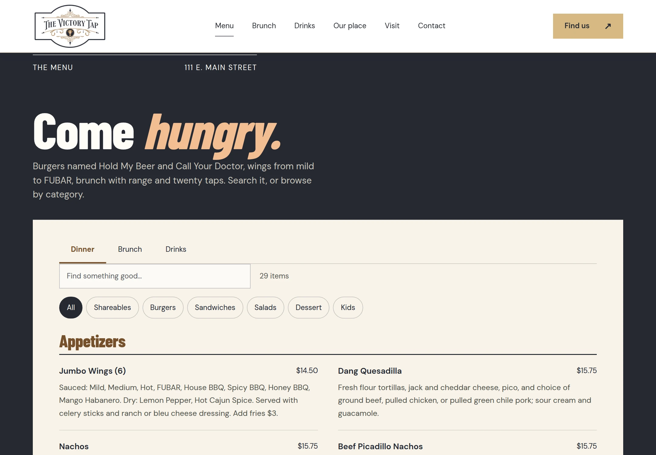 Actual PFully Loaded menu page, using the dated concept menu snapshot.